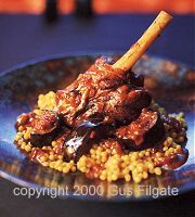 slow-cooked lamb shanks with tchermila and spiced aubergines